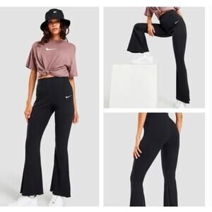Nike S High Waist Black Pants Ribbed Flare Stretch Knit Pull On Active Yoga
